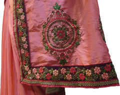 SMSAREE Peach Designer Wedding Partywear Silk Cutdana Stone Beads Thread Sequence & Zari Hand Embroidery Work Bridal Saree Sari With Blouse Piece F359