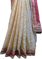 SMSAREE Red & Cream Designer Wedding Partywear Georgette & Brasso Stone Bullion Thread Sequence & Zari Hand Embroidery Work Bridal Saree Sari With Blouse Piece F360