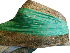 SMSAREE Green & Cream Designer Wedding Partywear Silk Stone Pearl Thread Sequence & Zari Hand Embroidery Work Bridal Saree Sari With Blouse Piece F361
