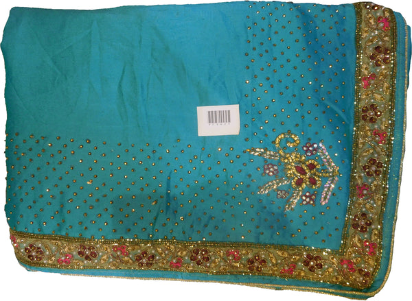 SMSAREE Turquoise Designer Wedding Partywear Crepe (Rangoli) Cutdana Stone Beads Thread Bullion & Zari Hand Embroidery Work Bridal Saree Sari With Blouse Piece F362