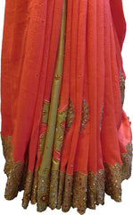 SMSAREE Pink Designer Wedding Partywear Silk (Vichitra) Stone Thread & Zari Hand Embroidery Work Bridal Saree Sari With Blouse Piece F365
