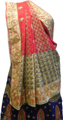 SMSAREE Red & Blue Designer Wedding Partywear Georgette Stone Thread & Zari Hand Embroidery Work Bridal Saree Sari With Blouse Piece F367