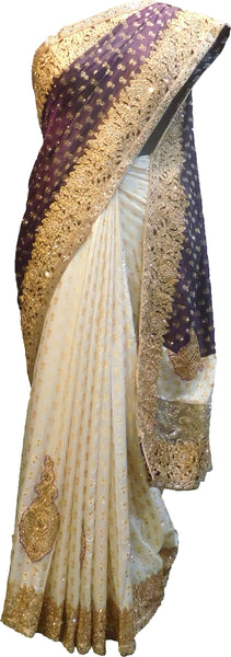 SMSAREE Wine & Cream Designer Wedding Partywear Silk Stone Pearl Thread Sequence & Zari Hand Embroidery Work Bridal Saree Sari With Blouse Piece F368