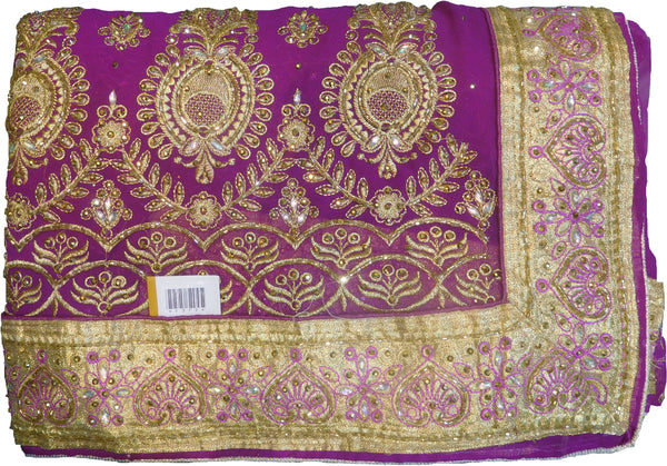 SMSAREE Wine Designer Wedding Partywear Georgette Stone Thread & Zari Hand Embroidery Work Bridal Saree Sari With Blouse Piece F372