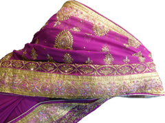 SMSAREE Wine Designer Wedding Partywear Georgette Stone Thread & Zari Hand Embroidery Work Bridal Saree Sari With Blouse Piece F372