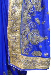 SMSAREE Blue Designer Wedding Partywear Georgette Stone Thread & Zari Hand Embroidery Work Bridal Saree Sari With Blouse Piece F374