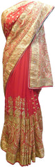 SMSAREE Red Designer Wedding Partywear Georgette Stone Thread & Zari Hand Embroidery Work Bridal Saree Sari With Blouse Piece F375