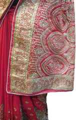 SMSAREE Red Designer Wedding Partywear Georgette Stone Thread & Zari Hand Embroidery Work Bridal Saree Sari With Blouse Piece F375