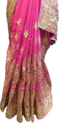 SMSAREE Pink Designer Wedding Partywear Georgette Stone Thread & Zari Hand Embroidery Work Bridal Saree Sari With Blouse Piece F376