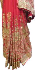 SMSAREE Red Designer Wedding Partywear Georgette Stone Thread & Zari Hand Embroidery Work Bridal Saree Sari With Blouse Piece F377
