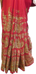 SMSAREE Red Designer Wedding Partywear Georgette Stone Thread & Zari Hand Embroidery Work Bridal Saree Sari With Blouse Piece F378