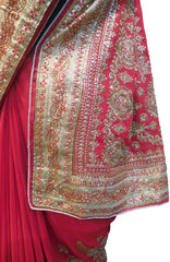 SMSAREE Red Designer Wedding Partywear Georgette Stone Thread & Zari Hand Embroidery Work Bridal Saree Sari With Blouse Piece F378