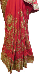 SMSAREE Red Designer Wedding Partywear Georgette Stone Thread & Zari Hand Embroidery Work Bridal Saree Sari With Blouse Piece F379