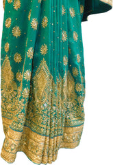SMSAREE Turquoise Designer Wedding Partywear Georgette Stone Thread & Zari Hand Embroidery Work Bridal Saree Sari With Blouse Piece F383