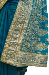SMSAREE Turquoise Designer Wedding Partywear Georgette Stone Thread & Zari Hand Embroidery Work Bridal Saree Sari With Blouse Piece F383