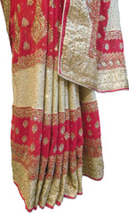 SMSAREE Red & Golden Designer Wedding Partywear Georgette Stone Thread & Zari Hand Embroidery Work Bridal Saree Sari With Blouse Piece F387