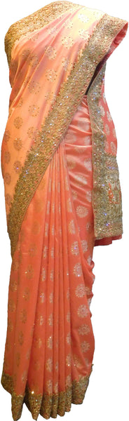 SMSAREE Peach Designer Wedding Partywear Silk Stone Thread & Zari Hand Embroidery Work Bridal Saree Sari With Blouse Piece F401