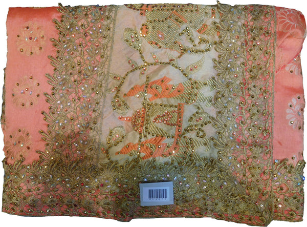 SMSAREE Peach Designer Wedding Partywear Silk Stone Thread & Zari Hand Embroidery Work Bridal Saree Sari With Blouse Piece F401