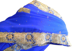 SMSAREE Blue Designer Wedding Partywear Georgette Stone Thread & Zari Hand Embroidery Work Bridal Saree Sari With Blouse Piece F405