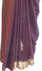 SMSAREE Coffee Brown Designer Wedding Partywear Georgette Stone Thread & Zari Hand Embroidery Work Bridal Saree Sari With Blouse Piece F406