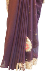SMSAREE Coffee Brown Designer Wedding Partywear Georgette Stone Thread & Zari Hand Embroidery Work Bridal Saree Sari With Blouse Piece F409