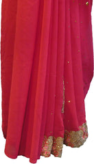 SMSAREE Pink Designer Wedding Partywear Georgette Stone Thread & Zari Hand Embroidery Work Bridal Saree Sari With Blouse Piece F410