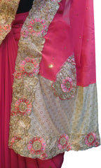 SMSAREE Pink Designer Wedding Partywear Georgette Stone Thread & Zari Hand Embroidery Work Bridal Saree Sari With Blouse Piece F410