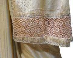 SMSAREE Beige Designer Wedding Partywear Crepe (Rangoli) Stone Thread & Pearl Hand Embroidery Work Bridal Saree Sari With Blouse Piece F413