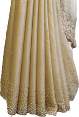 SMSAREE Beige Designer Wedding Partywear Crepe (Rangoli) Stone Thread & Pearl Hand Embroidery Work Bridal Saree Sari With Blouse Piece F414