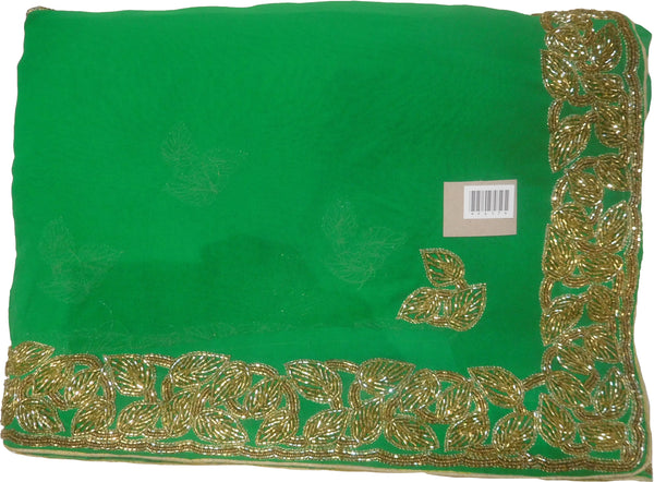 SMSAREE Green Designer Wedding Partywear Georgette (Viscos) Cutdana Beads & Zari Hand Embroidery Work Bridal Saree Sari With Blouse Piece F417