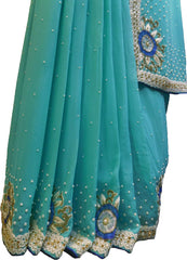 SMSAREE Blue Designer Wedding Partywear Georgette (Viscos) Beads Stone Pearl Cutdana & Thread Hand Embroidery Work Bridal Saree Sari With Blouse Piece F422