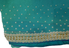 SMSAREE Blue Designer Wedding Partywear Georgette (Viscos) Beads Stone Pearl Cutdana & Thread Hand Embroidery Work Bridal Saree Sari With Blouse Piece F422
