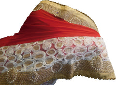 SMSAREE Red & White Designer Wedding Partywear Georgette (Viscos) & Net Beads Stone Sequence & Zari Hand Embroidery Work Bridal Saree Sari With Blouse Piece F423