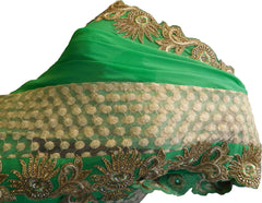 SMSAREE Green & Cream Designer Wedding Partywear Georgette (Viscos) & Net Beads Stone Pearl & Thread Hand Embroidery Work Bridal Saree Sari With Blouse Piece F424