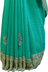 SMSAREE Turquoise Designer Wedding Partywear Georgette (Viscos) Stone Cutdana & Zari Hand Embroidery Work Bridal Saree Sari With Blouse Piece F427