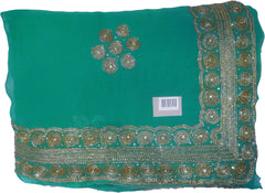 SMSAREE Turquoise Designer Wedding Partywear Georgette (Viscos) Stone Cutdana & Zari Hand Embroidery Work Bridal Saree Sari With Blouse Piece F427