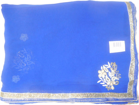 SMSAREE Blue Designer Wedding Partywear Georgette (Viscos) Stone Cutdana Thread & Zari Hand Embroidery Work Bridal Saree Sari With Blouse Piece F428