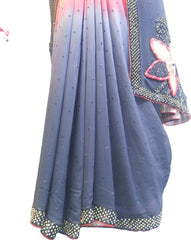 SMSAREE Black & Red Designer Wedding Partywear Georgette (Viscos) & Net Beads Stone Cutdana & Thread Hand Embroidery Work Bridal Saree Sari With Blouse Piece F430