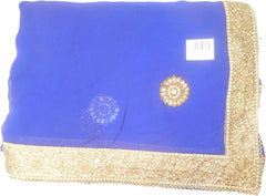 SMSAREE Blue Designer Wedding Partywear Georgette (Viscos) Stone Pearl Beads & Zari Hand Embroidery Work Bridal Saree Sari With Blouse Piece F431