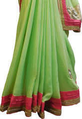 SMSAREE Green Designer Wedding Partywear Georgette (Viscos) Stone Pearl Sequence & Zari Hand Embroidery Work Bridal Saree Sari With Blouse Piece F432