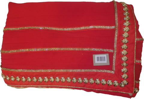 SMSAREE Red Designer Wedding Partywear Georgette (Viscos) Stone Pearl Beads & Zari Hand Embroidery Work Bridal Saree Sari With Blouse Piece F435