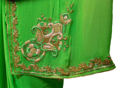 SMSAREE Green Designer Wedding Partywear Georgette (Viscos) Stone Cutdana Bullion Thread & Zari Hand Embroidery Work Bridal Saree Sari With Blouse Piece F437