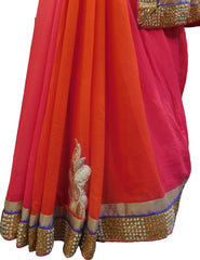 SMSAREE Pink & Orange Designer Wedding Partywear Georgette (Viscos) Stone Pearl Beads Bullion & Zari Hand Embroidery Work Bridal Saree Sari With Blouse Piece F438