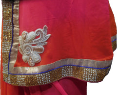 SMSAREE Pink & Orange Designer Wedding Partywear Georgette (Viscos) Stone Pearl Beads Bullion & Zari Hand Embroidery Work Bridal Saree Sari With Blouse Piece F438