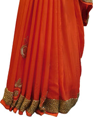 SMSAREE Orange Designer Wedding Partywear Crepe (Chinon) Stone Beads & Thread Hand Embroidery Work Bridal Saree Sari With Blouse Piece F439