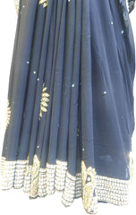 SMSAREE Black Designer Wedding Partywear Georgette (Viscos) Stone Cutdana & Pearl Hand Embroidery Work Bridal Saree Sari With Blouse Piece F440