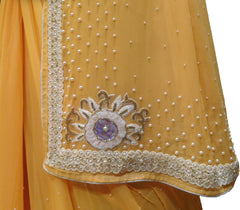 SMSAREE Peach Designer Wedding Partywear Georgette (Viscos) Stone Pearl Beads Cutdana & Thread Hand Embroidery Work Bridal Saree Sari With Blouse Piece F441