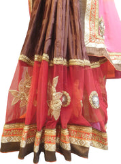 SMSAREE Pink Orange & Brown Designer Wedding Partywear Georgette (Viscos) & Net Pearl Sequence & Zari Hand Embroidery Work Bridal Saree Sari With Blouse Piece F442