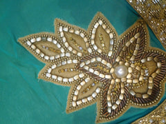 SMSAREE Turquoise Designer Wedding Partywear Georgette (Viscos) Stone Zari Beads Cutdana & Thread Hand Embroidery Work Bridal Saree Sari With Blouse Piece F443