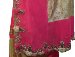 SMSAREE Pink & Cream Designer Wedding Partywear Georgette (Viscos) & Net Stone Bullion Beads Cutdana & Pearl Hand Embroidery Work Bridal Saree Sari With Blouse Piece F444